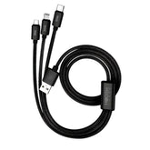 A coiled 3-in-1 charging cable with three different connector heads (Micro USB, USB-C, and Lightning) attached to a single USB plug.