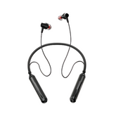 Wireless Bluetooth neckband earphones with black cables and red accents on the earbuds
