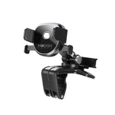 Black mobile holder mount with clip-on base and circular back plate, designed for car dashboard installation