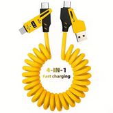 Yellow 4-in-1 fast charging spring cable with USB and multiple output connectors