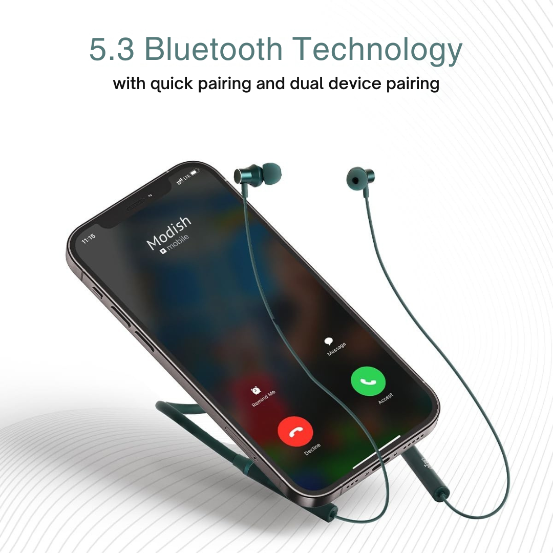 ModishOmbre Music Mate Bluetooth Neckband Upto 30 Hours Playback,Extra Bass and 3d Sound Bluetooth  (B MEMS mics, Auto connect, IPX4 Waterproof, Type C charging, Auto connect, In the Ear)