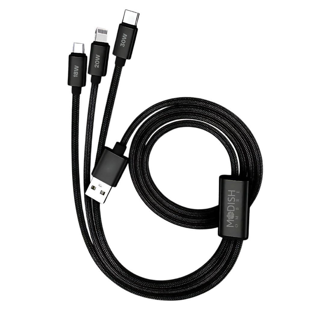 ModishOmbre® Trivolt 3-in-1 Charge & Sync Cable | USB to Type-C, Lightning, Micro USB | Up to 65W Fast Charging | Tangle-Free High Power Durable Cable for Smartphones, Tablets & More