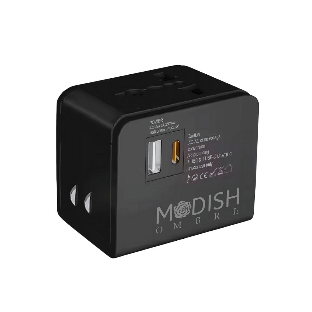 ModishOmbre® International Travel Charger | USB-C & USB-A Ports | Built-in Surge Protector | LED Power Indicator | Folding Prongs | Type A/C/G Plug | Compact Charger for Phone, Tablet & Gadgets