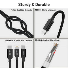 ModishOmbre® Trivolt 3-in-1 Charge & Sync Cable | USB to Type-C, Lightning, Micro USB | Up to 65W Fast Charging | Tangle-Free High Power Durable Cable for Smartphones, Tablets & More