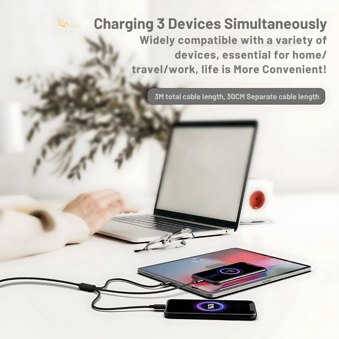 ModishOmbre® Trivolt 3-in-1 Charge & Sync Cable | USB to Type-C, Lightning, Micro USB | Up to 65W Fast Charging | Tangle-Free High Power Durable Cable for Smartphones, Tablets & More