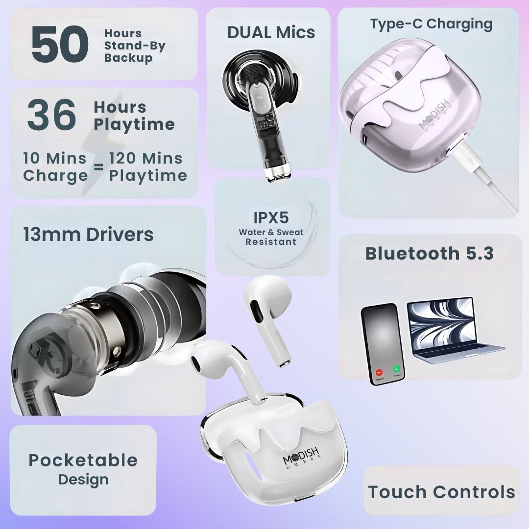 ModishOmbre® Aura TWS Earbuds MEMS Mic with ENC 24H Battery