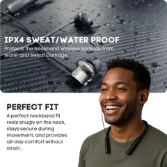 Smiling man wearing the Bluetooth neckband in a water splash background, labeled 'Style & Sweat/Water Proof