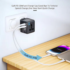 Modish travel adapter displayed with plug types and a charging smartphone

