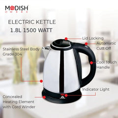 ModishOmbre 1.8 Litres Electric Kettle (PKOSS 1.8)| 1500W| Silver - Black| Automatic Cut-off | Stainless Steel | Rotatable Base | Power Indicator | Single-Touch Lid Locking
