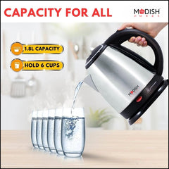 ModishOmbre 1.8 Litres Electric Kettle (PKOSS 1.8)| 1500W| Silver - Black| Automatic Cut-off | Stainless Steel | Rotatable Base | Power Indicator | Single-Touch Lid Locking
