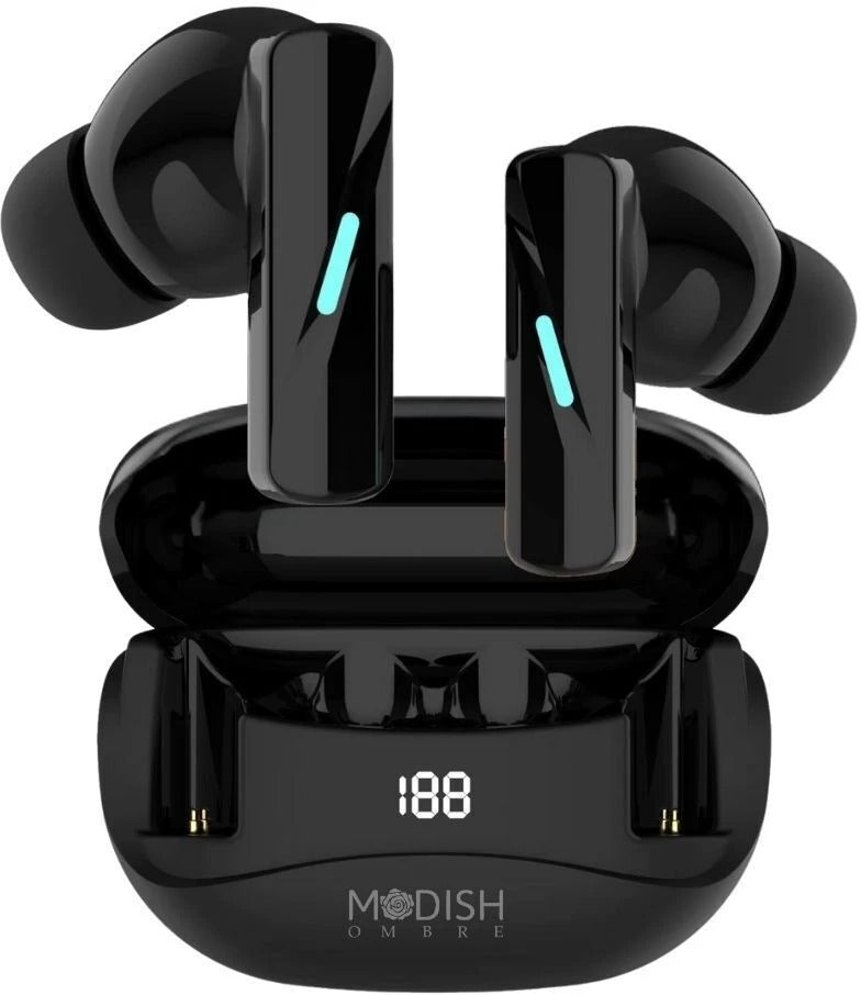  ModishOmbre Vibex earbuds in matte black finish with matching case, displayed on a dark background