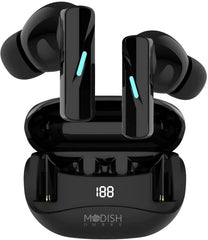 ModishOmbre Vibex earbuds in matte black finish with matching case, displayed on a dark background