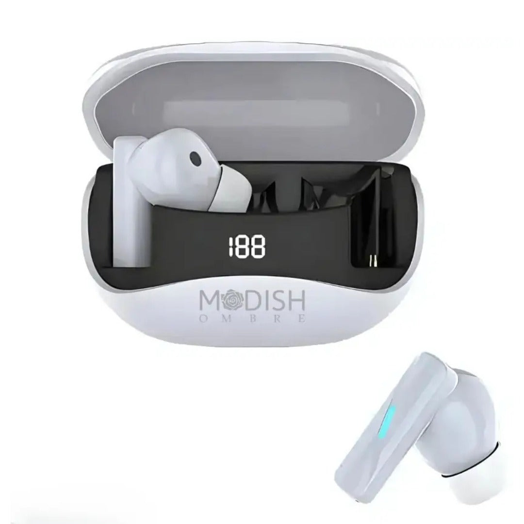  ModishOmbre Vibex earbuds in glossy white finish with charging case, displayed on a clean white background