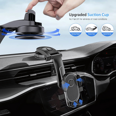 Highlighted features of car phone holder including secure lock, strong suction and angle adjustment